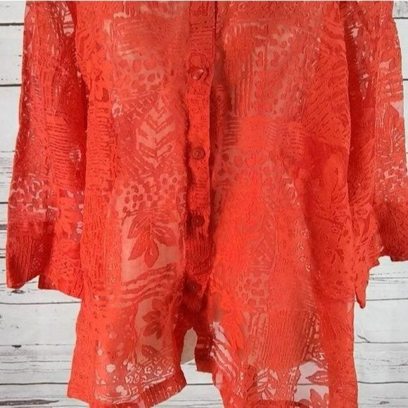 ELCC Women's Coral Orange See Through Button Down Quarter‎ Sleeve Blouse Size 3X - Picture 7 of 7